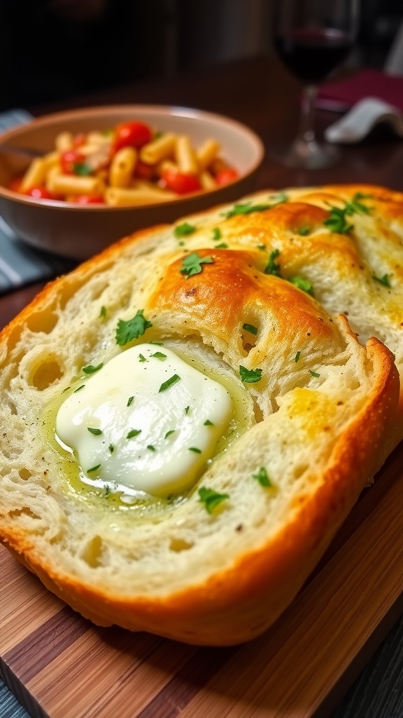 Golden and crispy garlic bread with butter and garlic, garnished with parsley on a wooden board.